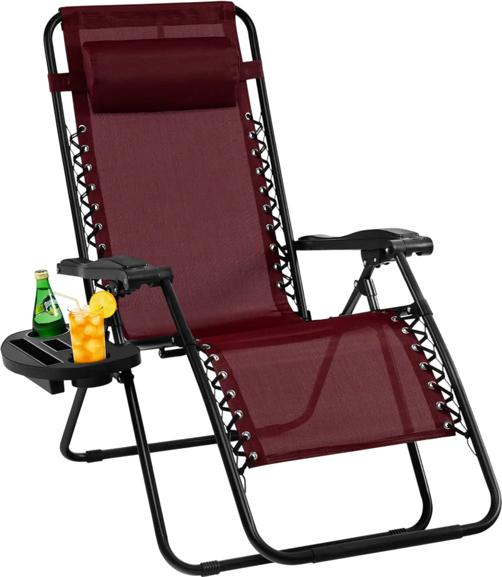 Dark red outdoor folding zero gravity reclining lounge chair with cup holder, perfect for beach or yard relaxation.