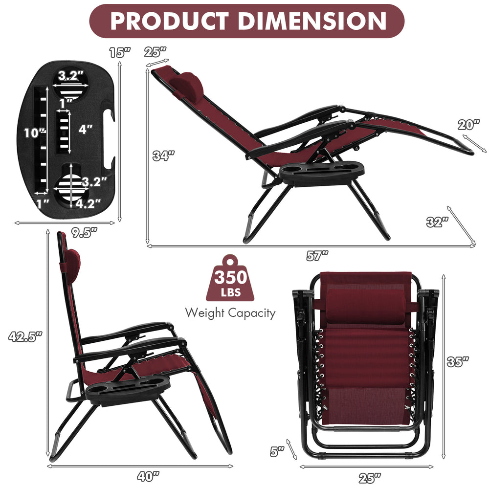 Dark red outdoor folding zero gravity reclining lounge chair with adjustable back and removable headrest for comfort.