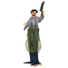 Life-size zombie Halloween decoration features a terrifying design, wearing a bloody outfit and holding a simulated knife for outdoor scares.