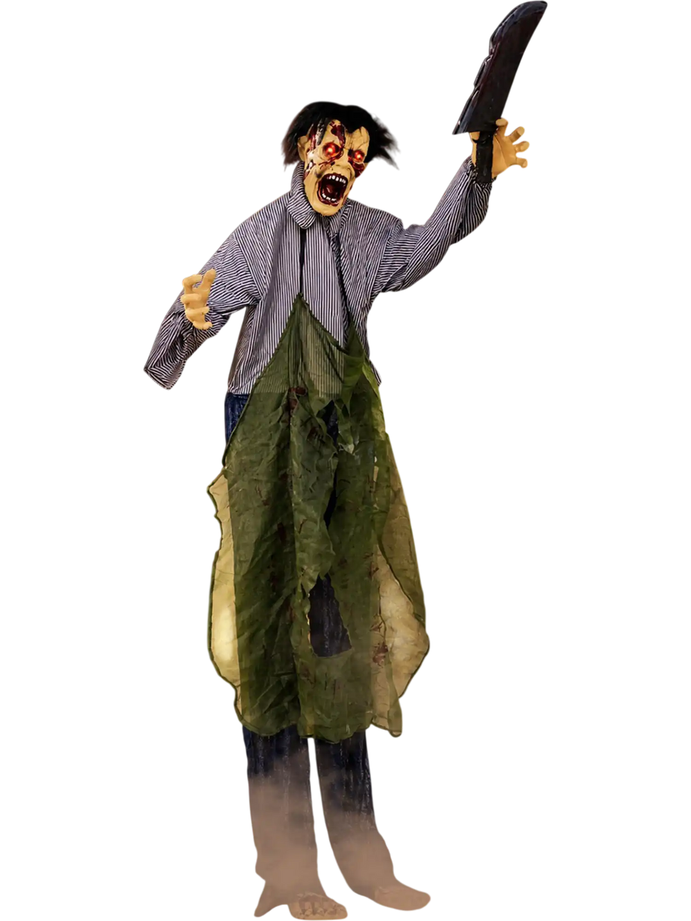 Life-size zombie Halloween decoration with glowing red eyes, holding a knife, perfect for creating a haunted outdoor scene.