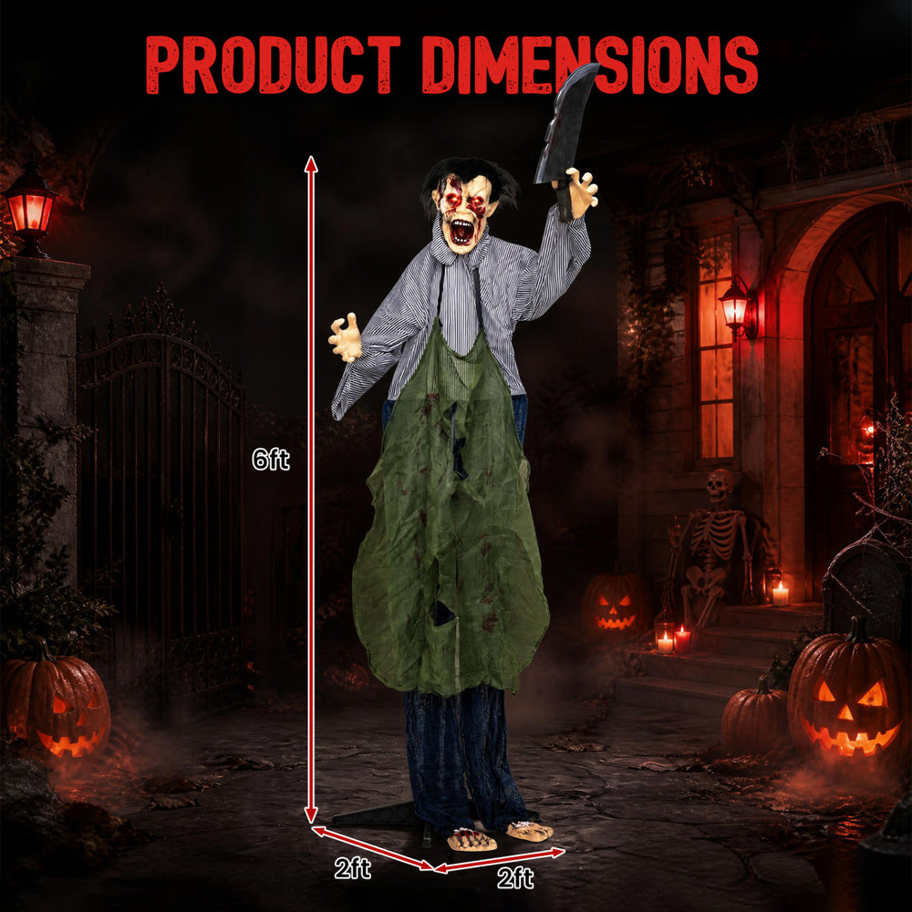 Life-size Zombie Halloween decoration with glowing eyes, bloody face, and simulated knife, perfect for haunted scenes.