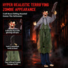 Life-size zombie Halloween decoration with glowing red eyes, bloody face, and simulated knife for chilling haunted scenes.