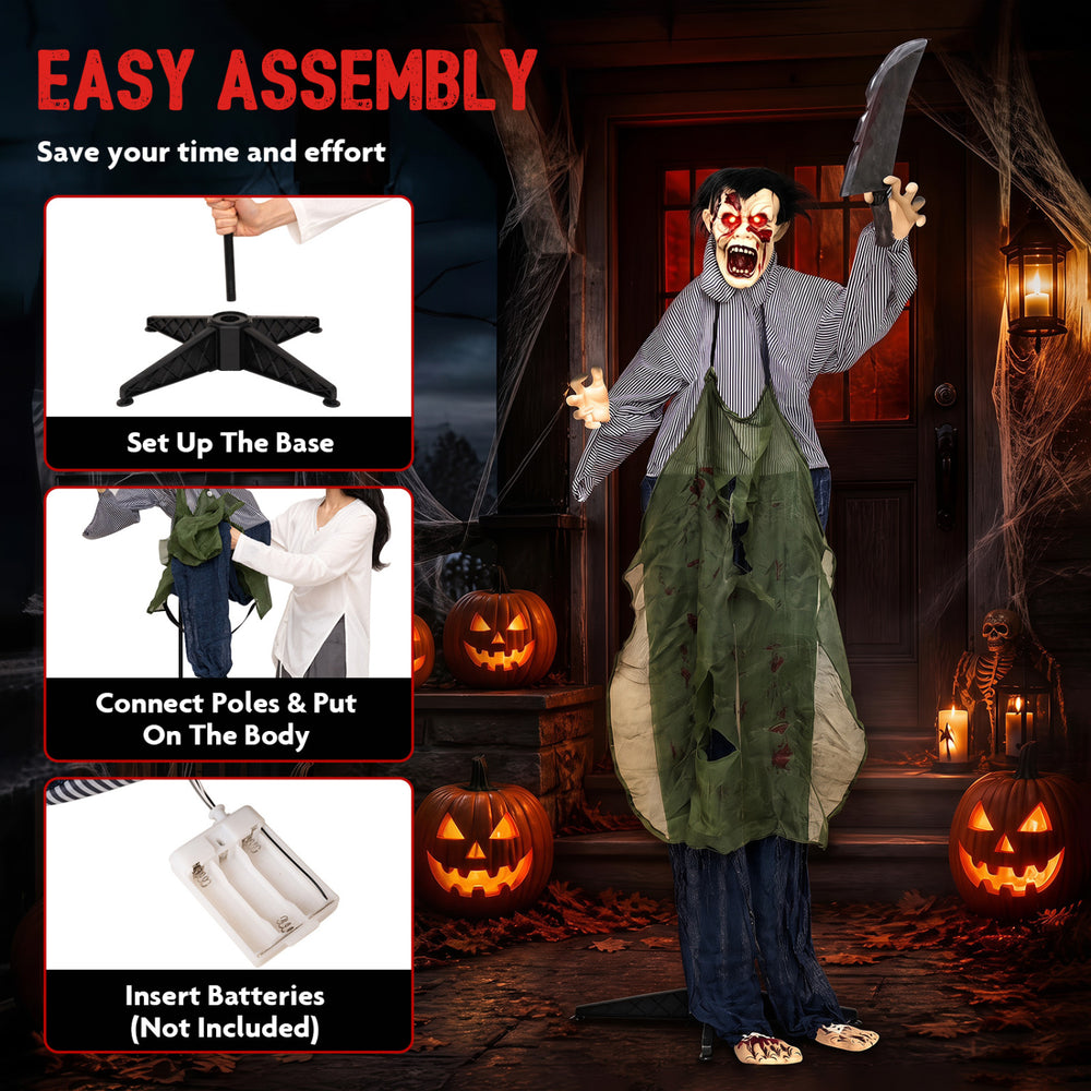 Life-size Zombie Halloween decoration features glowing red eyes, bloody outfit, and simulated knife for terrifying outdoor displays.