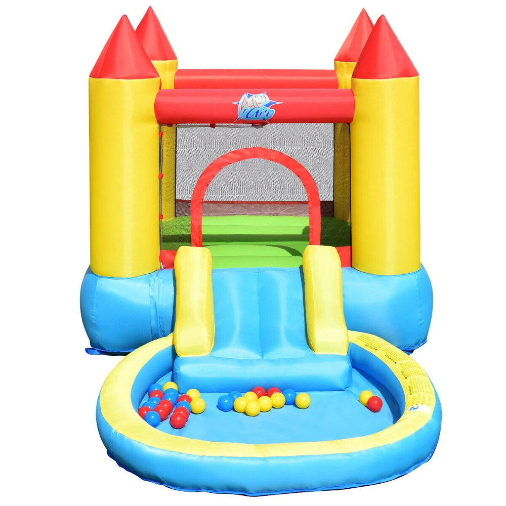 Inflatable kids slide bounce house with vibrant colors and water slide, perfect for summer fun in the backyard.