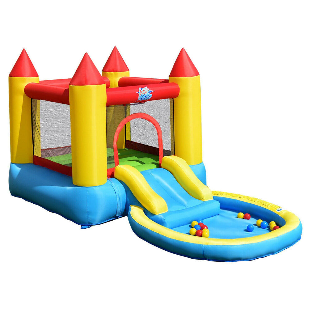 Inflatable kids slide bounce house with water slide and splash pool, featuring mesh walls for safety and vibrant colors.