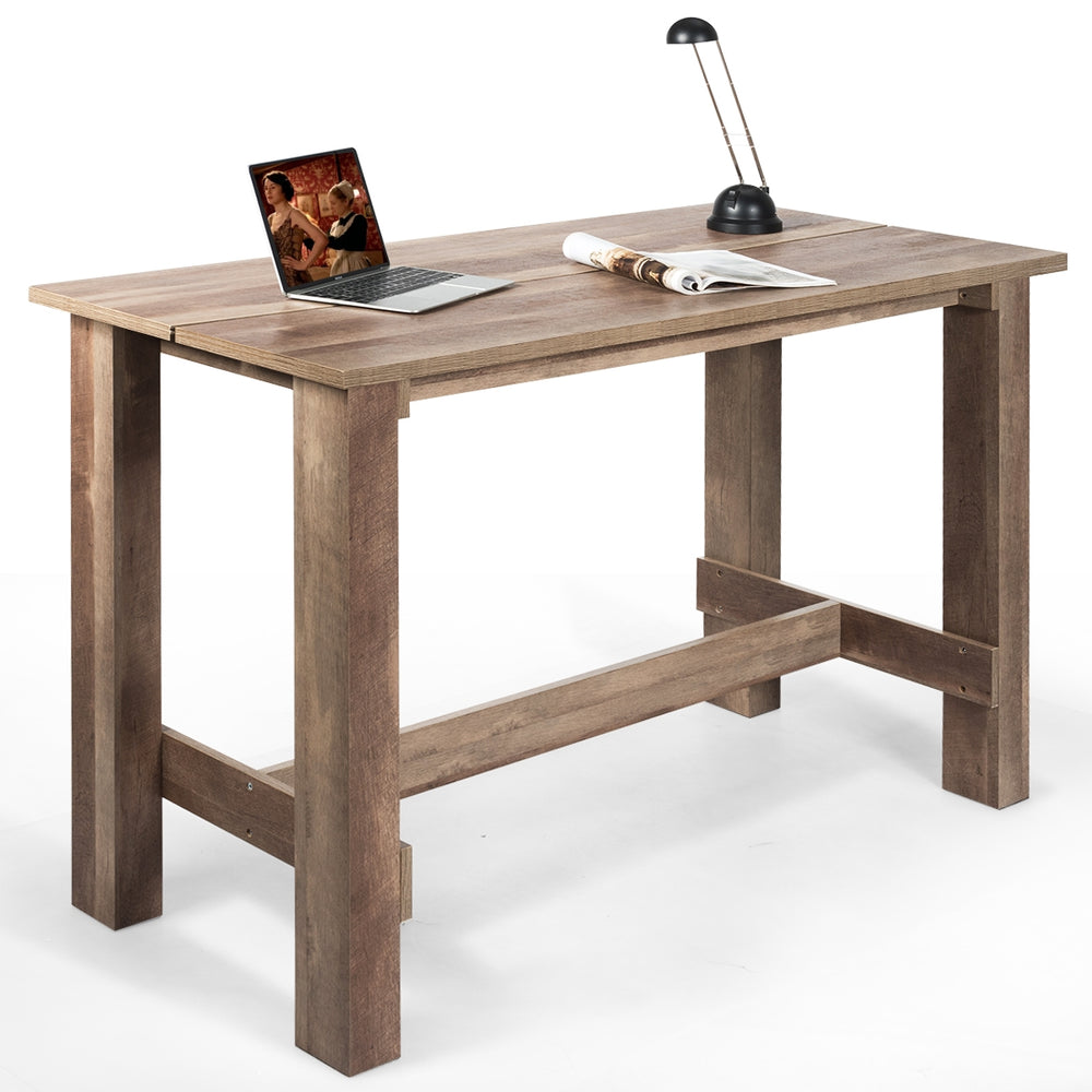 Counter height dining table with a spacious wood grain desktop, solid frame, and versatile design for dining or home.