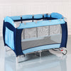 Foldable baby crib playpen in blue with mosquito net, storage, and detachable rocking legs for travel convenience.