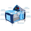 Foldable baby crib playpen in blue with detachable canopy, changing table, and storage pocket for travel convenience.