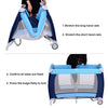 Foldable baby crib playpen in blue with mosquito net, showcasing setup steps and features for easy travel and storage.