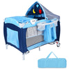 Foldable baby crib playpen in blue with mosquito net, storage pockets, and detachable rocking legs for travel.