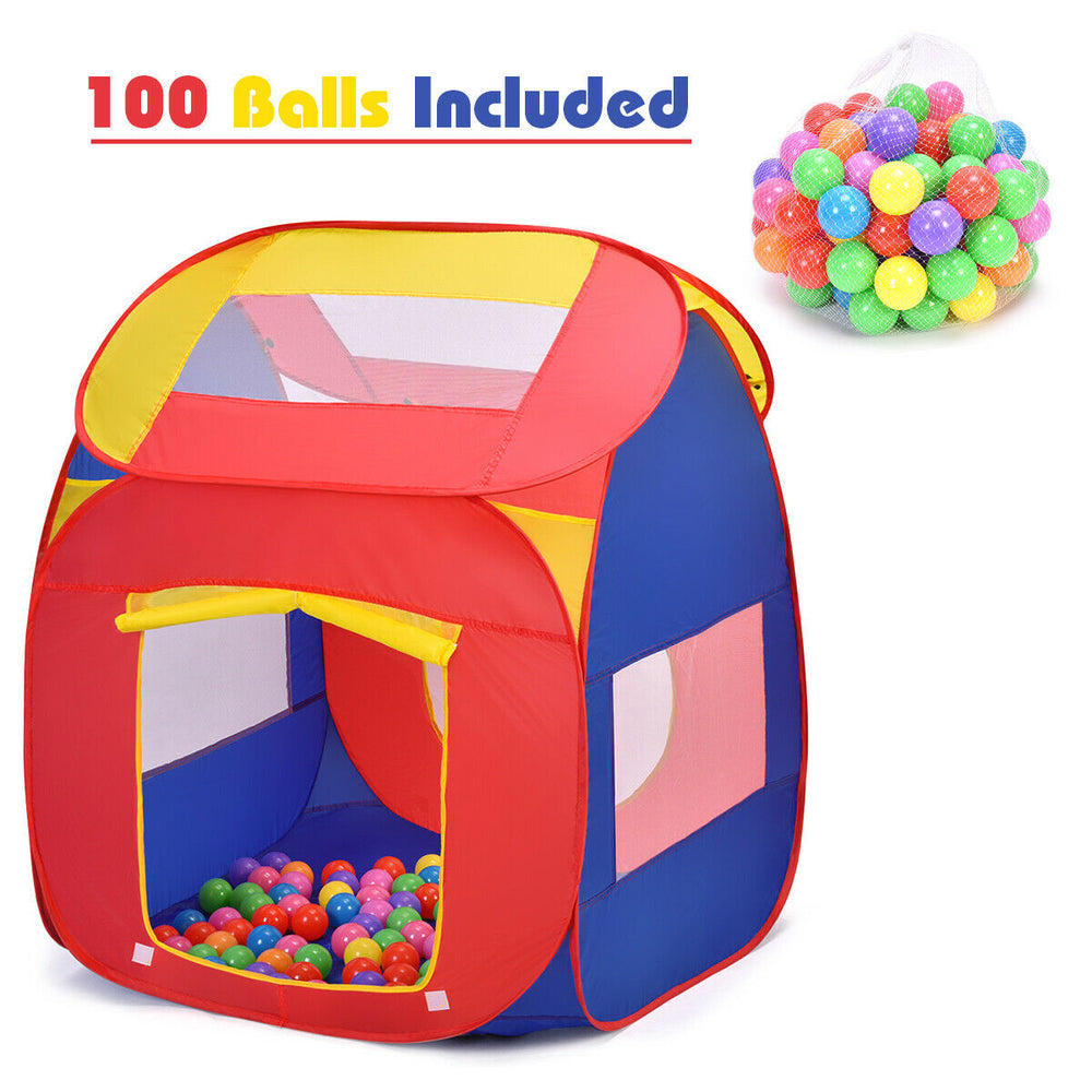 Colorful portable kid play house tent with 100 balls included, featuring breathable mesh windows for visibility and.