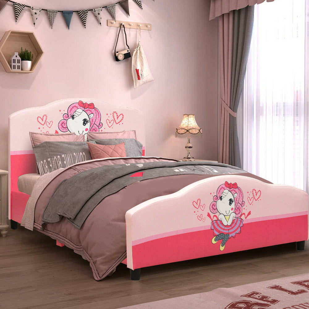 Upholstered toddler bed with cute girl pattern, made of PVC and MDF, designed for stability and safety in children's.