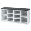 10-cube organizer shoe storage bench in white with a removable cushion, perfect for entryway or living room storage.