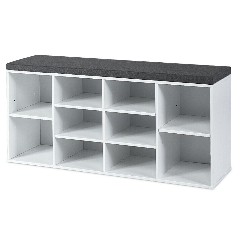 10-cube organizer shoe storage bench in white with a removable cushion, perfect for entryway or living room storage.