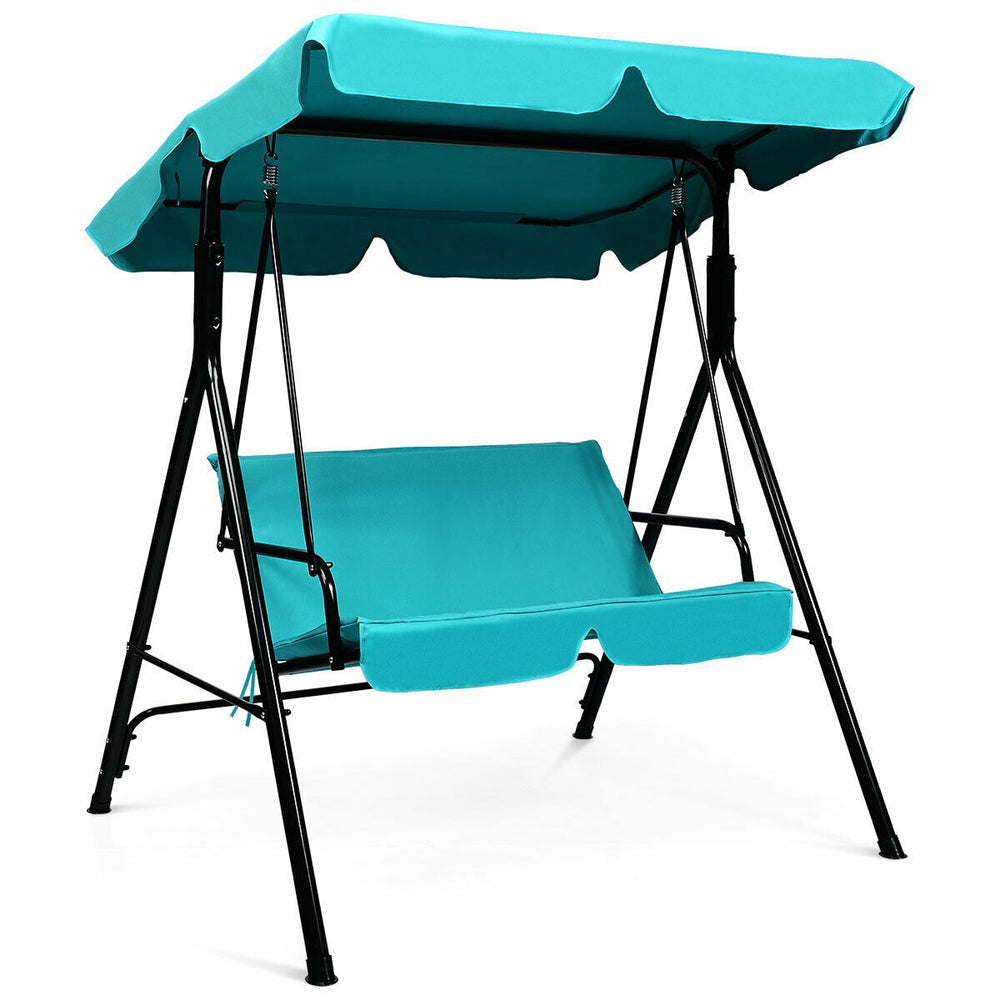 Steel Frame Outdoor Loveseat Patio Canopy Swing with Cushion-Blue - Gallery View 1 of 12