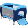 Foldable baby crib playpen in blue with mosquito net, side zipper door, and storage for travel convenience.