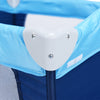 Close-up of the corner joint of the blue foldable baby crib playpen with mosquito net, designed for travel convenience.