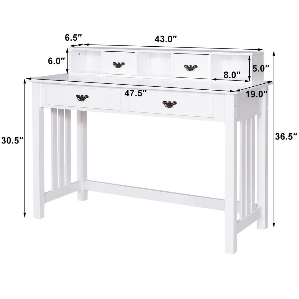 Home Office Writing Desk with 4 drawers and floating organizer, white finish, perfect for a tidy workspace.