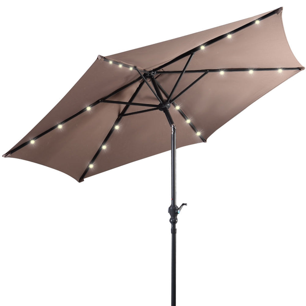 9FT tan patio solar umbrella with LED lights, steel tilt pole, ideal for outdoor use and sun protection.