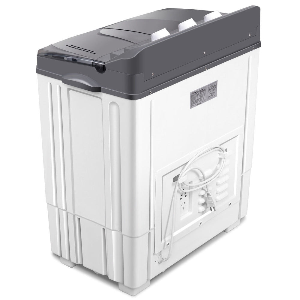 Portable semi-automatic twin-tub washing machine with compact design, timer controls, and drainage tube for easy use.