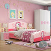 Upholstered toddler bed with cute girl pattern, bright colors, and adjustable height for children's safety and comfort.