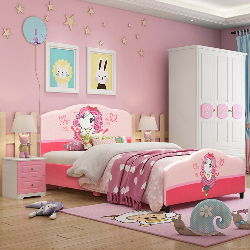Upholstered toddler bed with cute girl pattern, bright colors, and adjustable height for children's safety and comfort.
