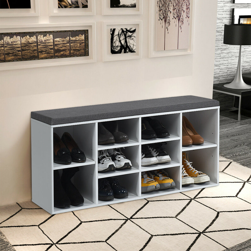 10-Cube Organizer Shoe Storage Bench with Cushion for Entryway-White - Gallery View 1 of 13