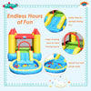 Inflatable kids slide bounce house with water slide, splash pool, and mesh walls for safety, perfect for outdoor fun.