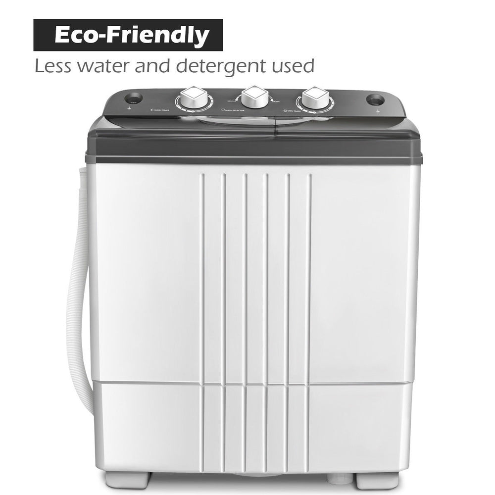 Portable 20 lbs semi-automatic twin-tub washing machine with eco-friendly design, separate timer controls, and drainage.