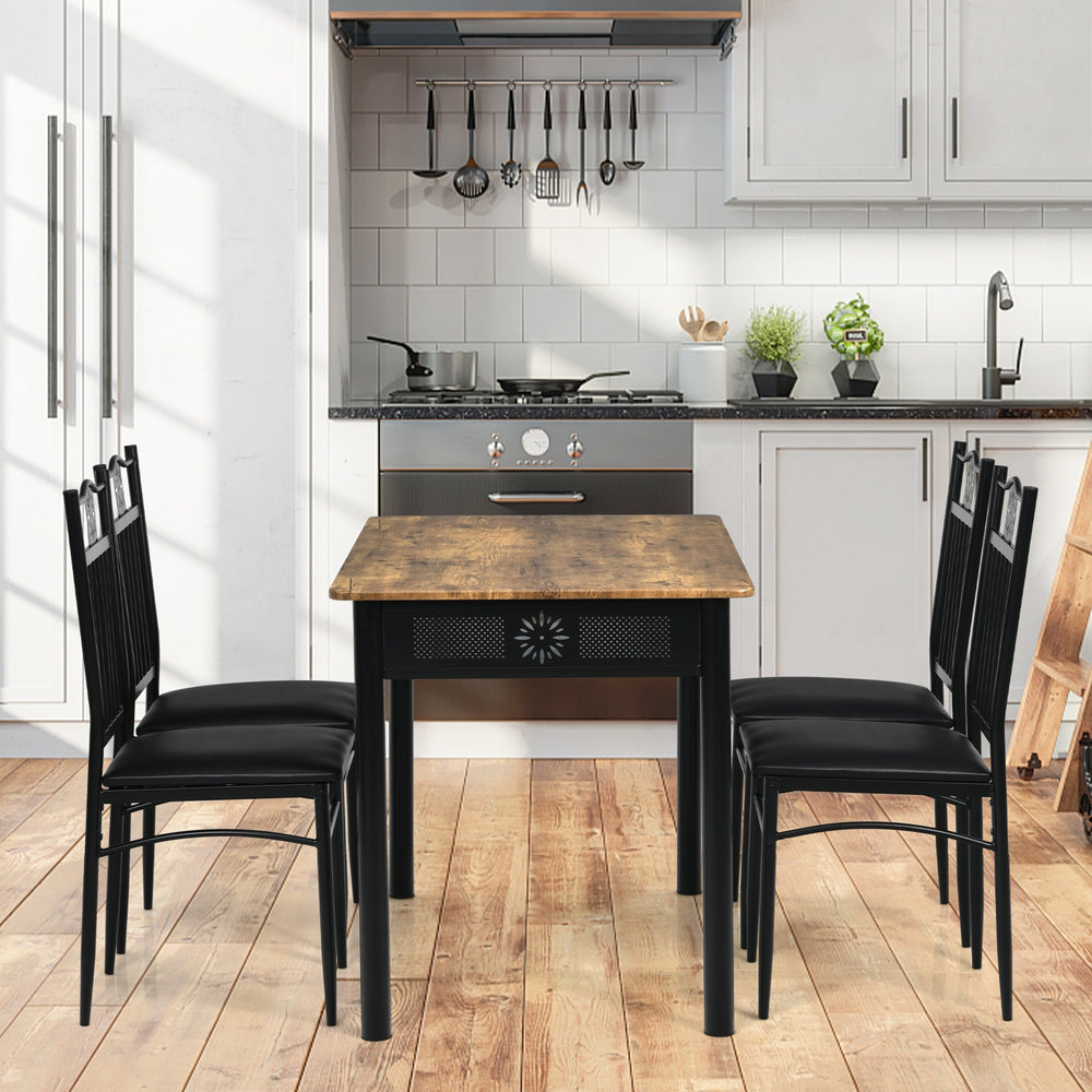5 Pcs Dining Set Wood Metal Table and 4 Chairs with Cushions-Black - Gallery View 1 of 11