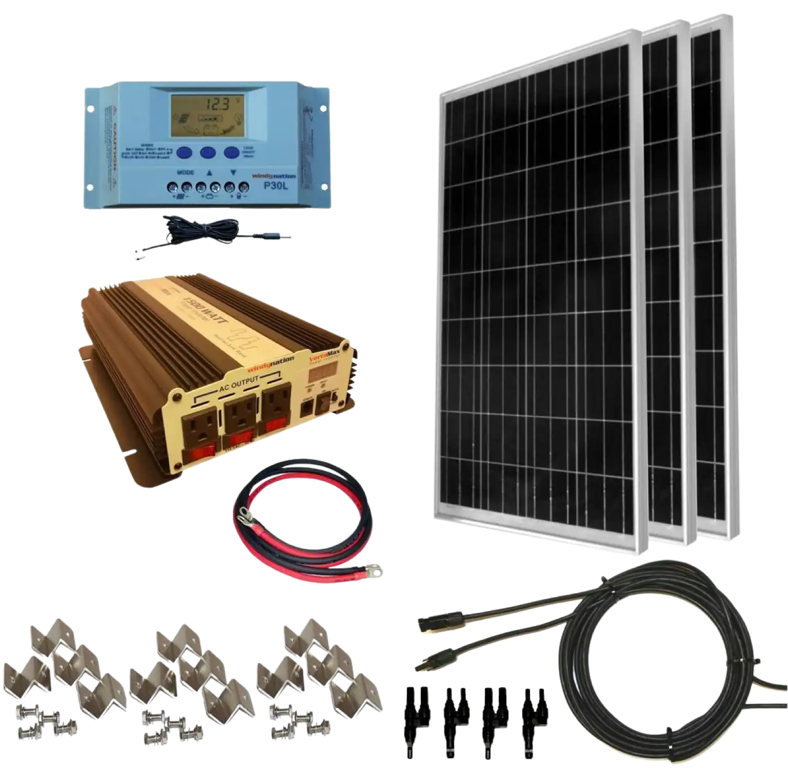 WindyNation SOK-300WPI-15 Complete 300 Watt Solar Panel Kit with 1500W VertaMax Power Inverter for 12 Volt Battery Systems New