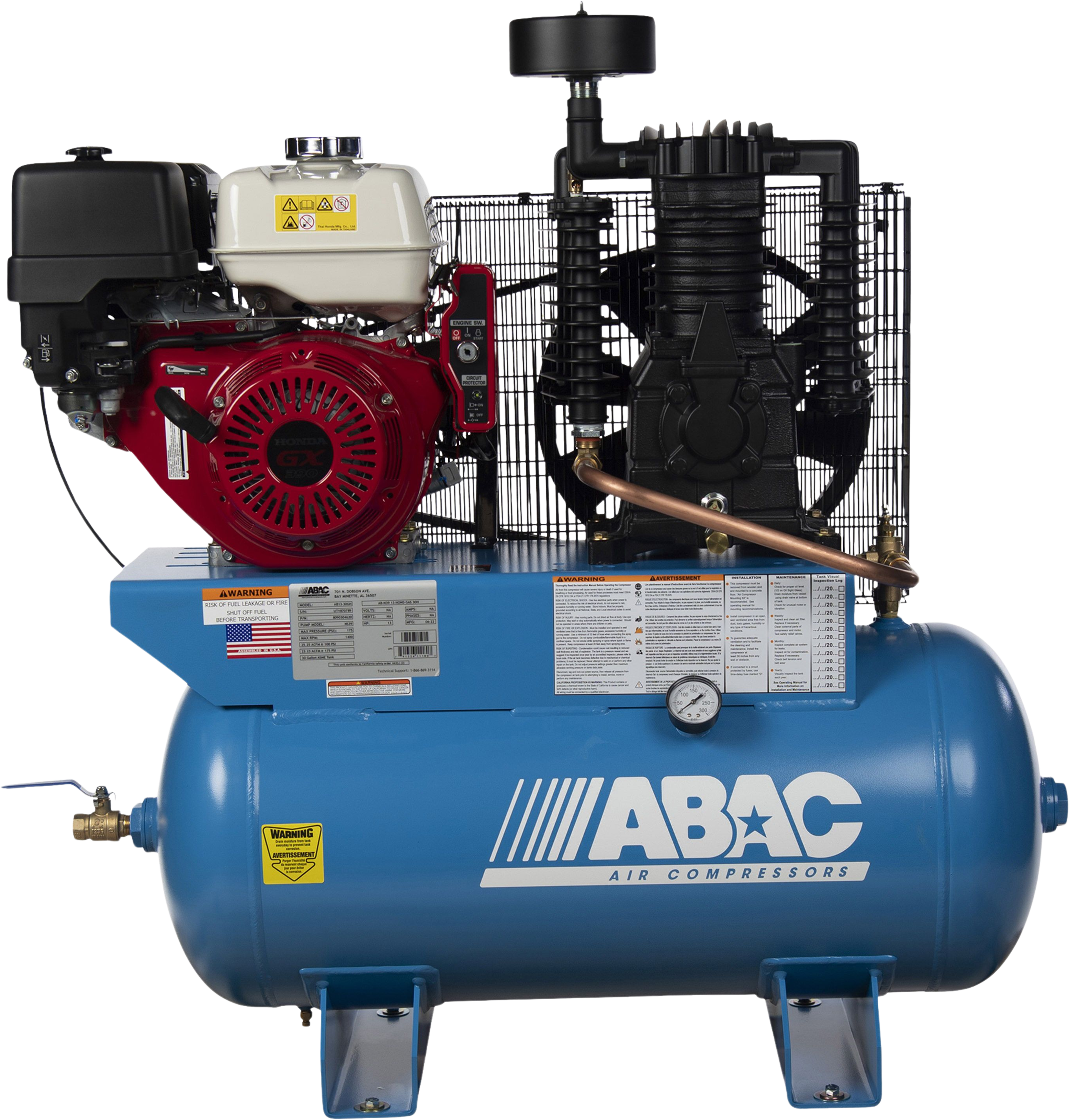 ABAC AB13-30GH Air Compressor 13HP Honda Gas Driven 175PSI 30 Gallon Two-Stage New