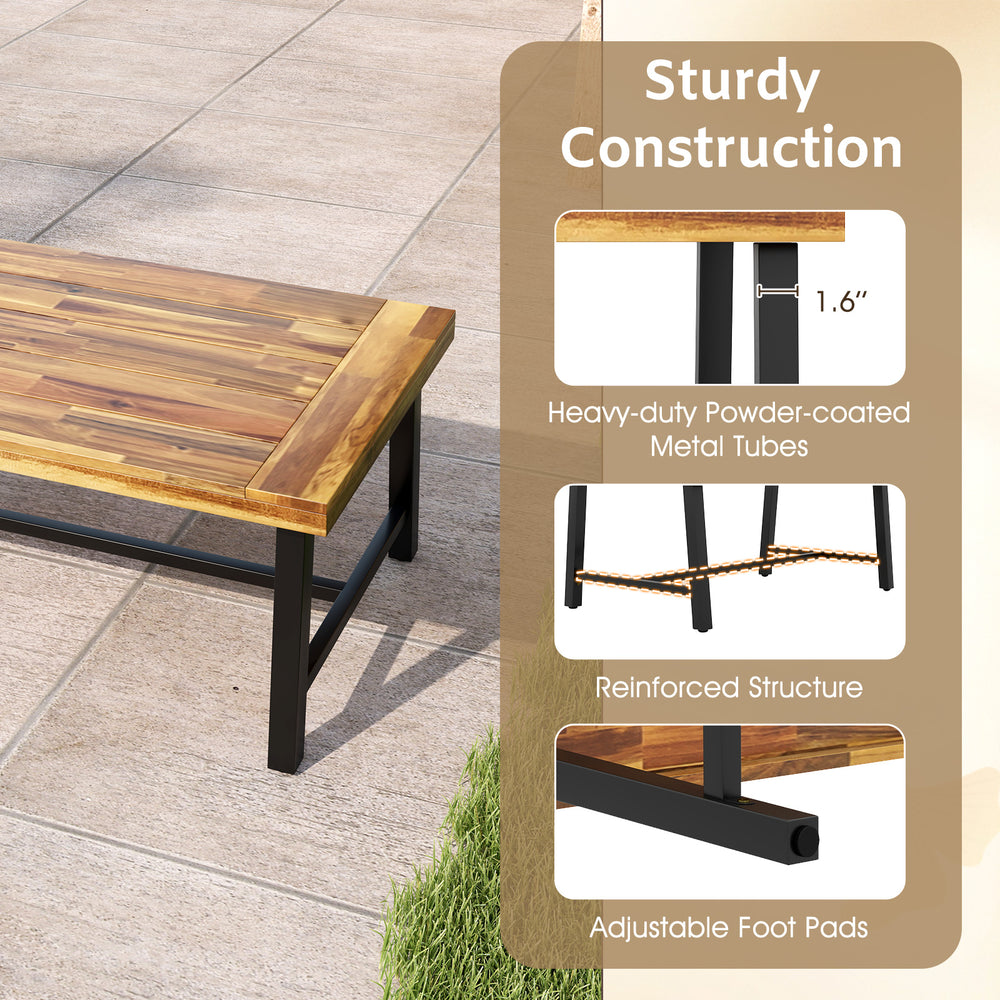 Acacia wood coffee table with thickened top, heavy-duty metal legs, and adjustable foot pads for stability.