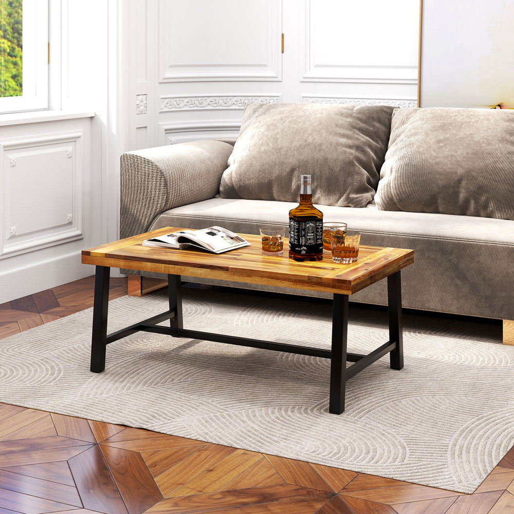 Acacia wood coffee table with thickened top and heavy-duty metal legs, perfect for drinks and magazines in living rooms.