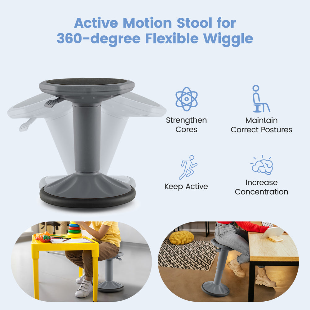 Adjustable-height gray wobble chair for active learning, promoting good posture and core strength for children.