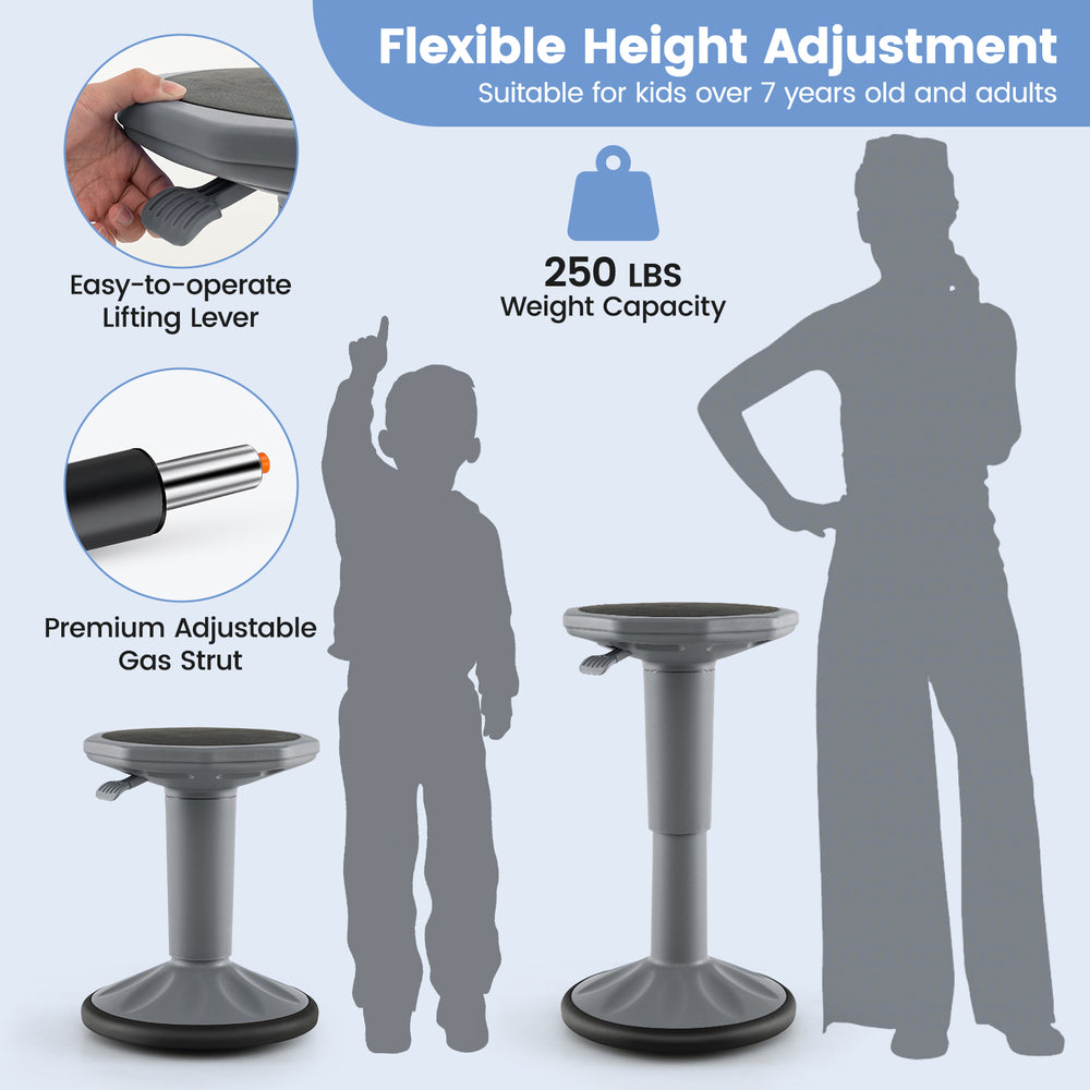 Adjustable-height wobble chair in gray for active learning, supporting up to 250 lbs, ideal for kids over 7 years old.