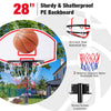 28" adjustable basketball hoop system with sturdy PE backboard, nylon net, and wheels for easy outdoor and indoor use.