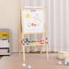 Adjustable double-sided easel with whiteboard and chalkboard, featuring 4 paint cups and sturdy A-shaped frame for kids.