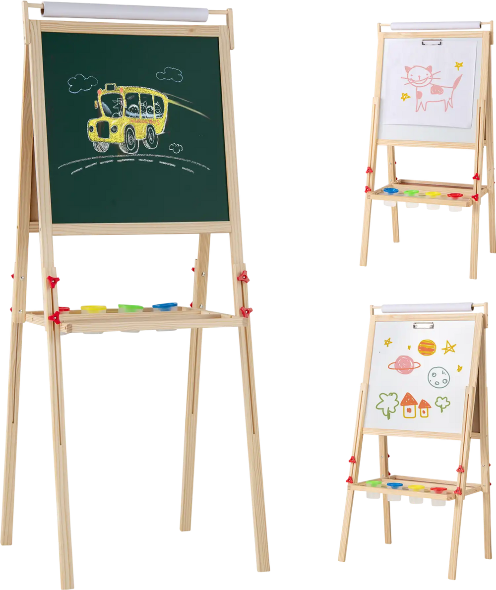 Adjustable double-sided easel with chalkboard and whiteboard, featuring 4 paint cups and sturdy A-shaped frame for kids.