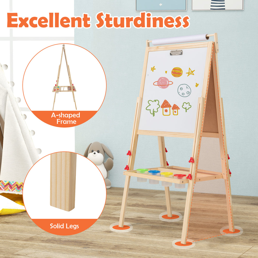 Adjustable double-sided easel with A-shaped frame, featuring a whiteboard and chalkboard for kids' creative play.