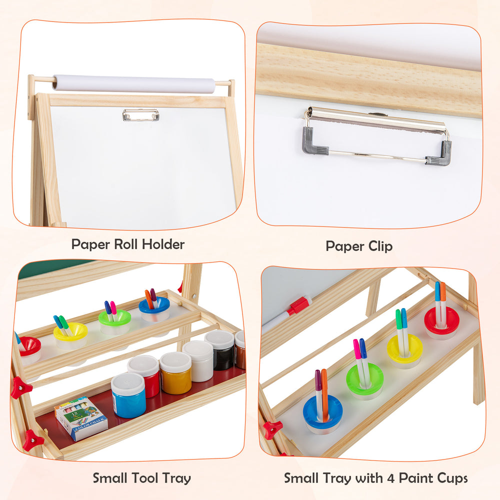 Adjustable double-sided easel with whiteboard and chalkboard, featuring a small tray and 4 paint cups for kids' art.