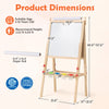Adjustable double-sided easel with whiteboard and chalkboard, includes 4 paint cups and paper roll holder for kids' art.