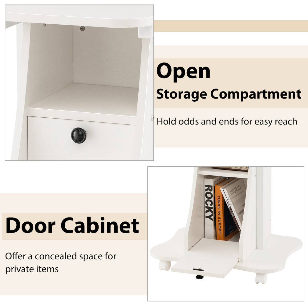 Open storage compartment and door cabinet of the adjustable mobile standing desk cart in white for organized workspace.