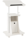 Adjustable mobile standing desk cart in white with tilt desktop, cabinet, and 4 rolling casters for versatile use.