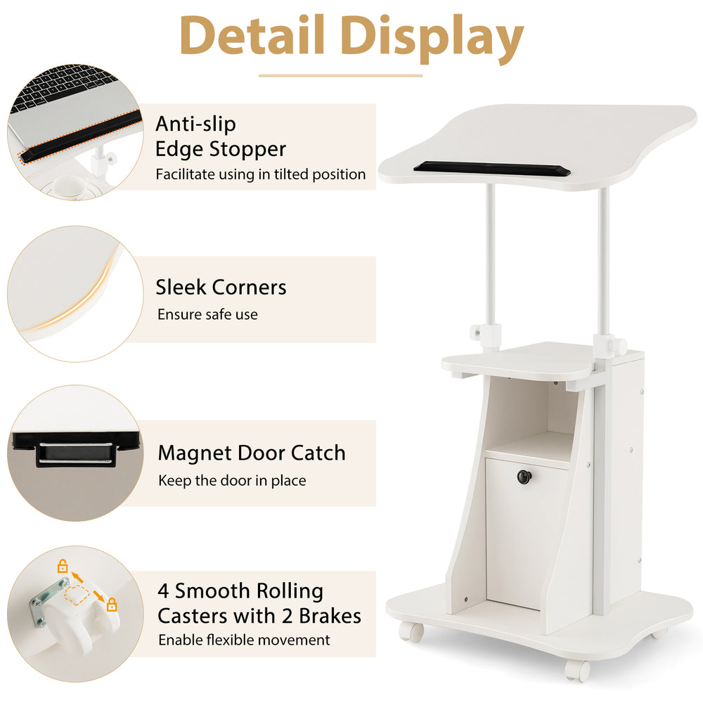 Adjustable mobile standing desk cart in white with tilt desktop, 2-tier shelves, and smooth rolling casters for.