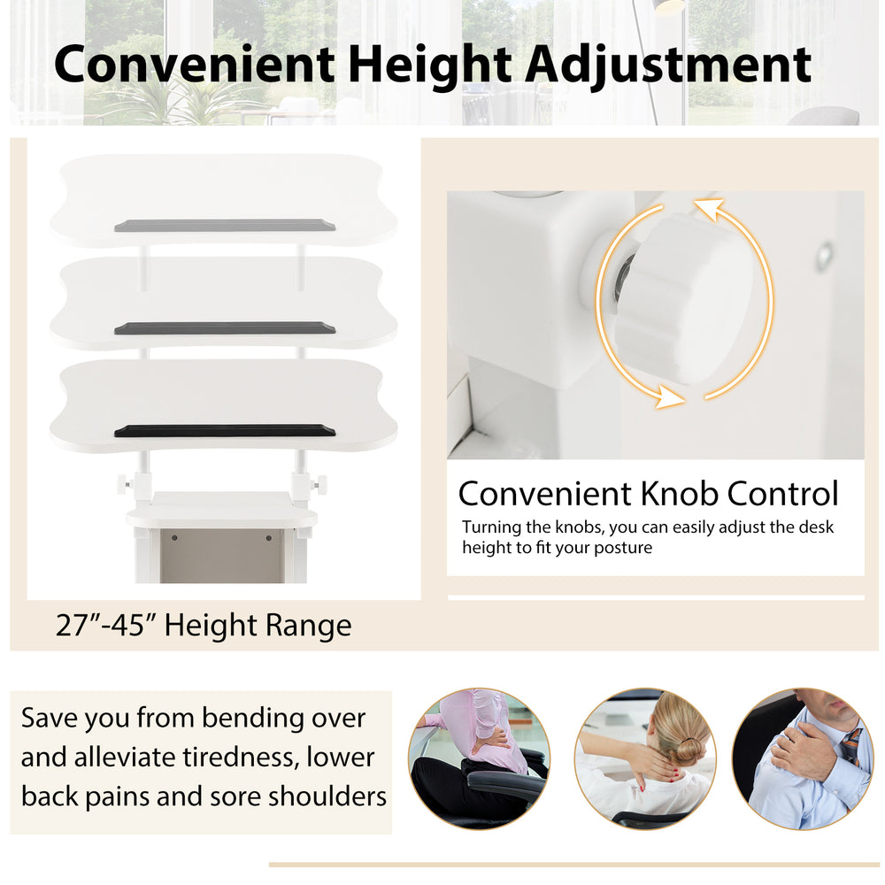 Adjustable mobile standing desk cart in white with a height range of 27"-45" and tilt desktop for versatile use.