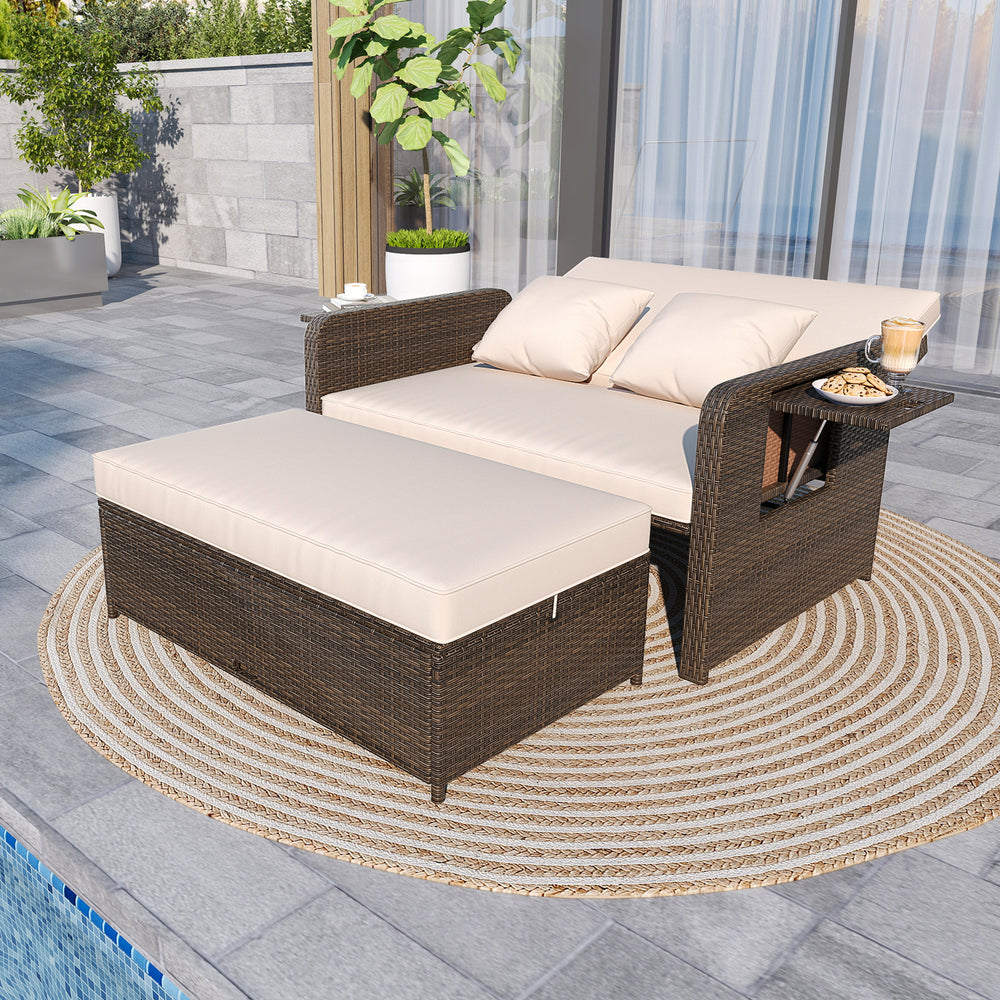 Premium adjustable outdoor patio daybed set showing a cozy loveseat with plush cushions and integrated side table for.