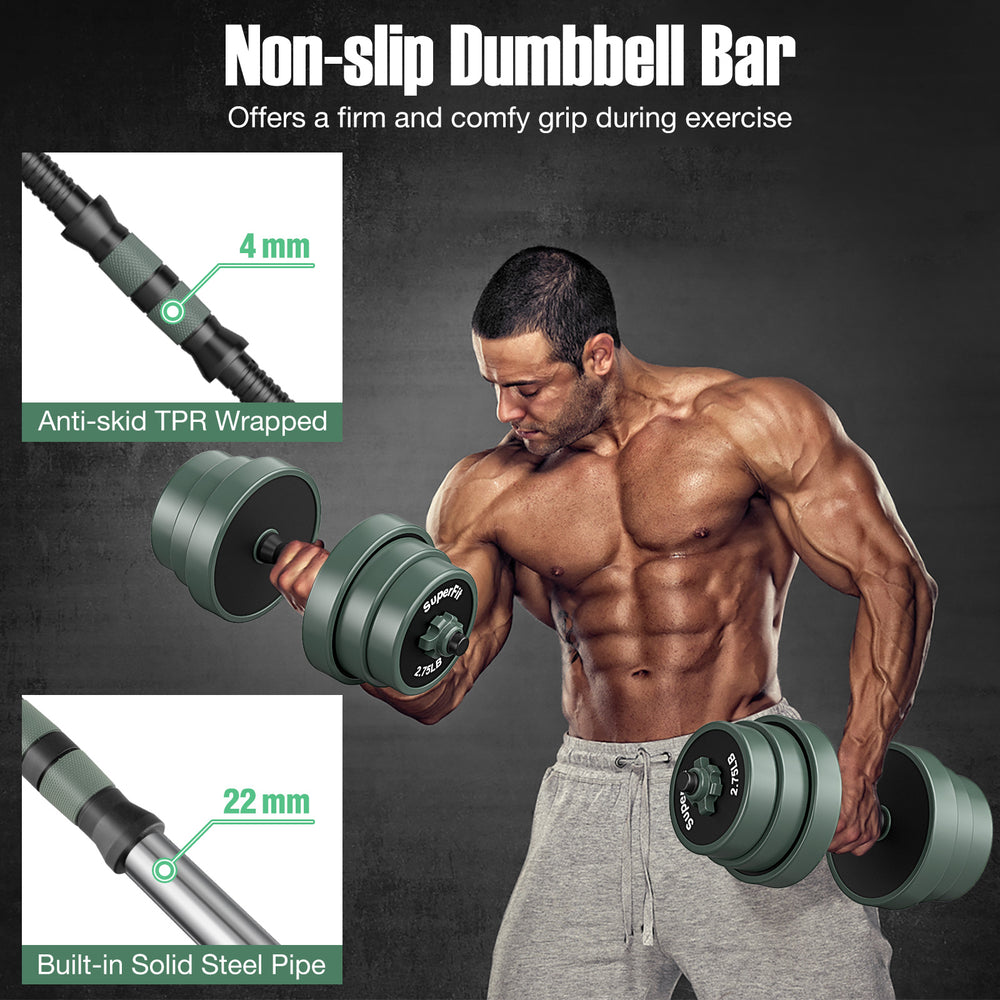 Adjustable weight dumbbell set featuring a non-slip grip, foam-covered rod, and 12 weight plates for versatile workouts.