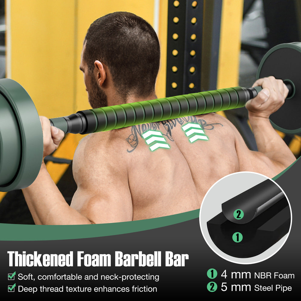 Thickened foam barbell bar with non-slip grip and deep thread texture, ideal for adjustable weight dumbbell workouts.