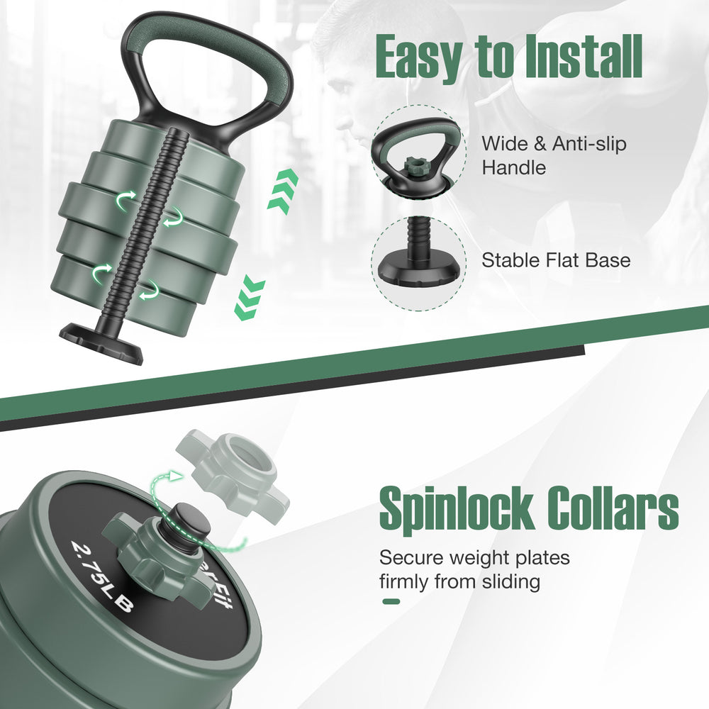 Adjustable weight dumbbell set with spinlock collars and stable flat base for safe home workouts.